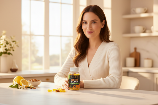 Koko Glow bottle in sharp focus with softly blurred yellow gummies, lemon slices and orange blossoms on marble counter