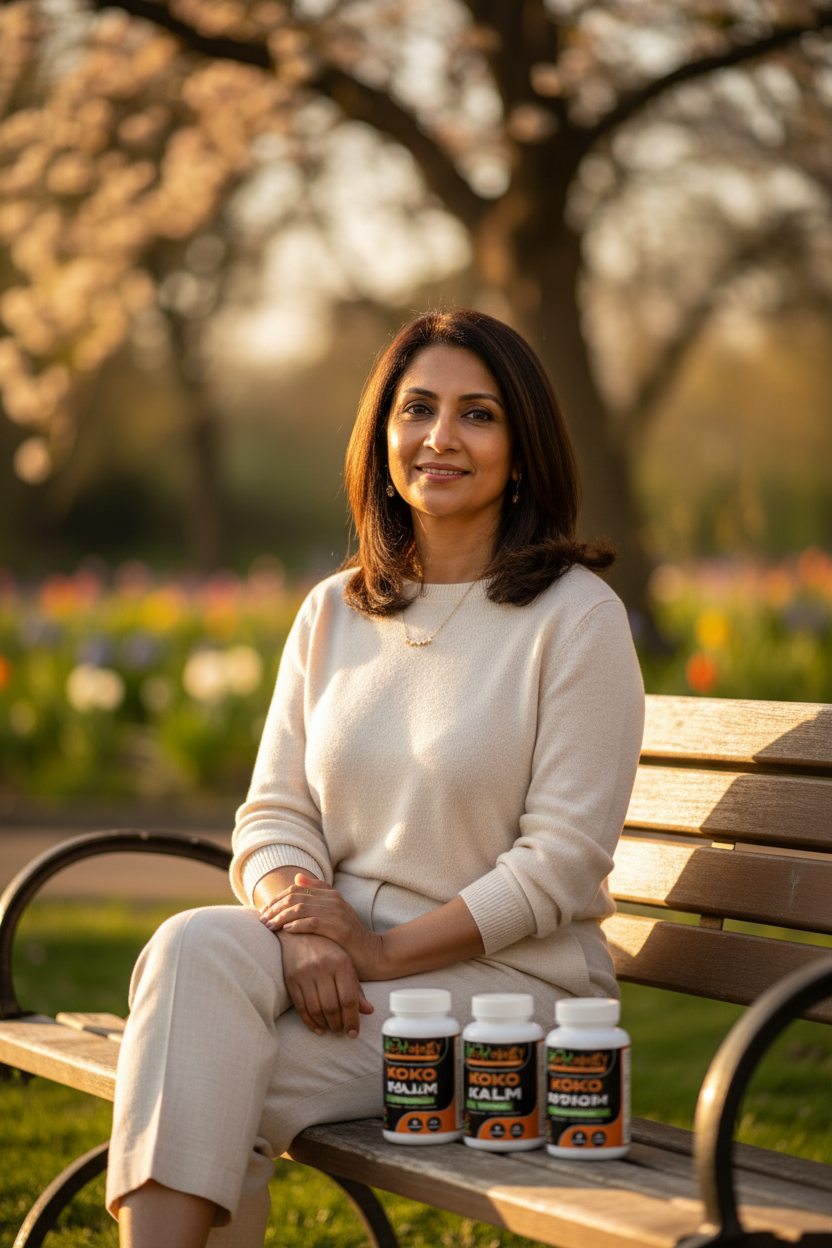 Serene East Indian woman sitting on park bench at golden hour with 3 Kokology supplement bottles naturally placed beside her