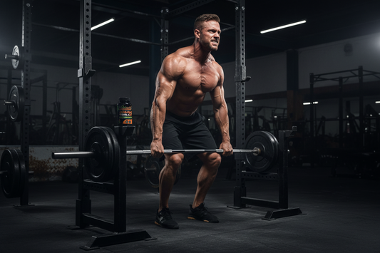 Powerfully built man mid heavy lift in dark dramatic gym with Koko Tora bottle softly blurred on weight rack