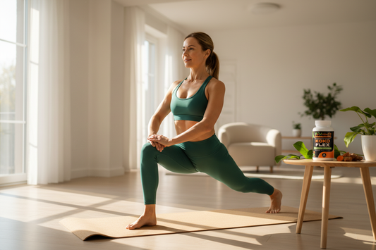 Active person doing yoga stretch in sunlit studio with Koko Flex bottle naturally present in scene