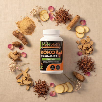 Koko Reclaim bottle flat lay with maca root, ashwagandha, dong quai, muira puama and rose petals on cream linen