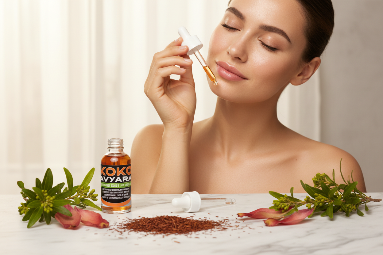 Koko Avyara lifestyle - woman applying red tea serum with rooibos botanicals on marble