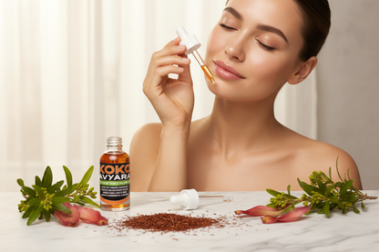 Koko Avyara lifestyle - woman applying red tea serum with rooibos botanicals on marble