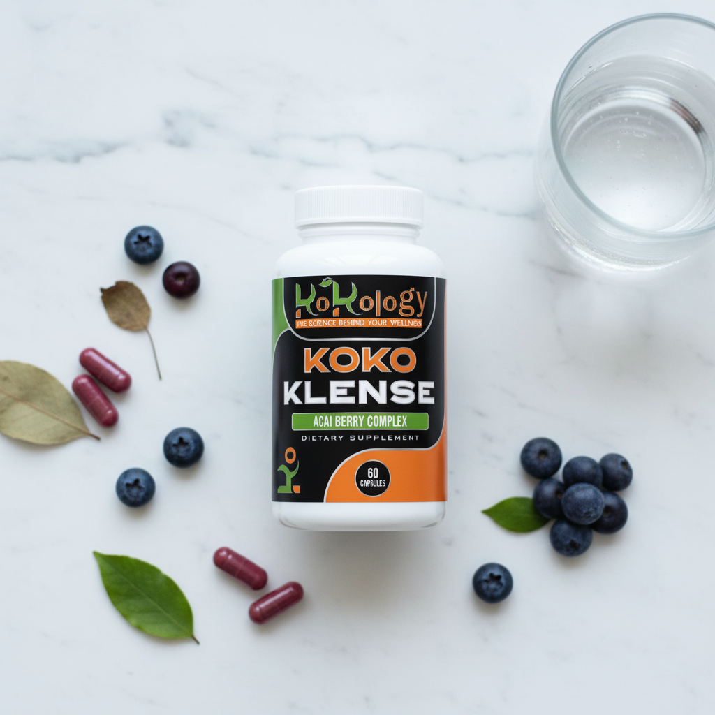 Koko Klense flat lay with bottle as hero, softly blurred capsules, acai berries and botanicals on marble