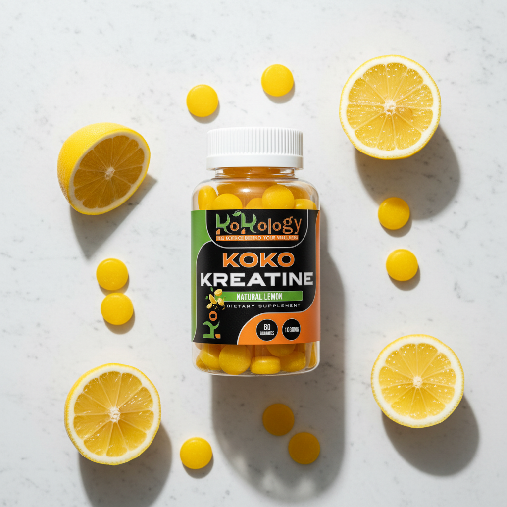 Koko Kreatine clear bottle flat lay with fresh lemon slices and round yellow lemon gummies on bright white surface