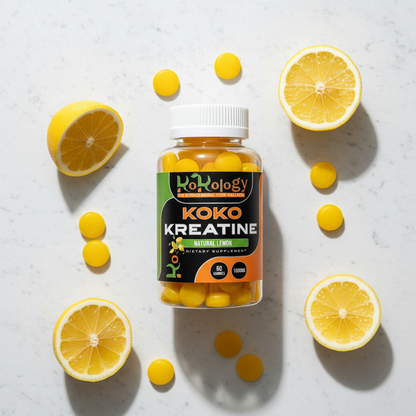 Koko Kreatine clear bottle flat lay with fresh lemon slices and round yellow lemon gummies on bright white surface