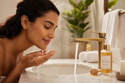 Koko Klarara woman rinsing face at marble sink with warm water and glowing skin