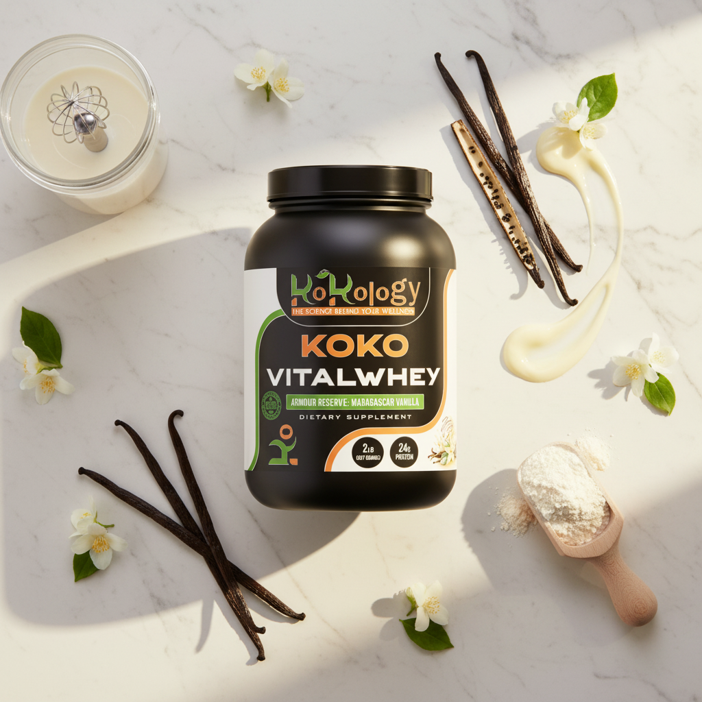 Koko VitalWhey Armour Reserve Madagascar Vanilla flat lay with protein container, split vanilla pods, cream drizzle and glass shaker on marble