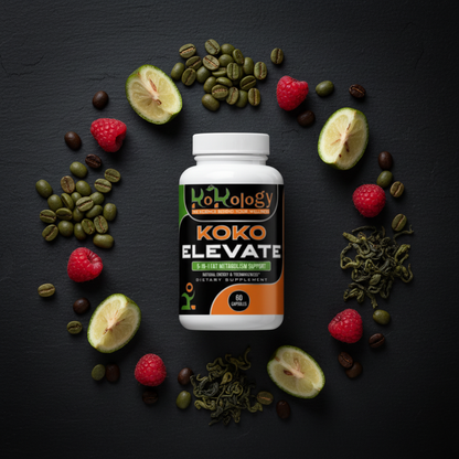 Koko Elevate flat lay with green coffee beans, raspberries, garcinia cambogia, green tea leaves and coffee beans on dark slate