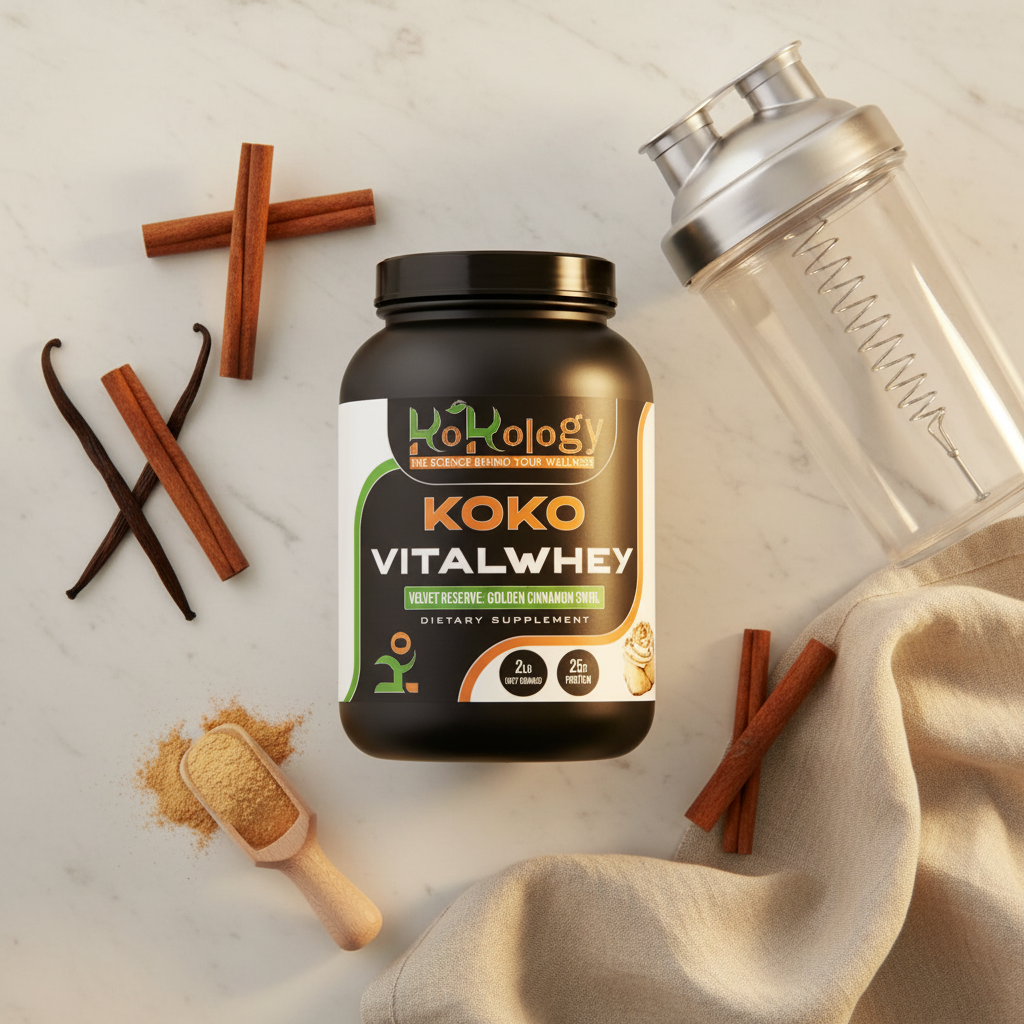 Koko VitalWhey Velvet Reserve Golden Cinnamon Swirl flat lay with cinnamon sticks, vanilla pods and wooden scoop on marble