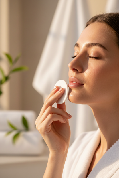 Koko Lumara hand holding plain white exfoliator pad against glowing skin with green tea botanicals in background