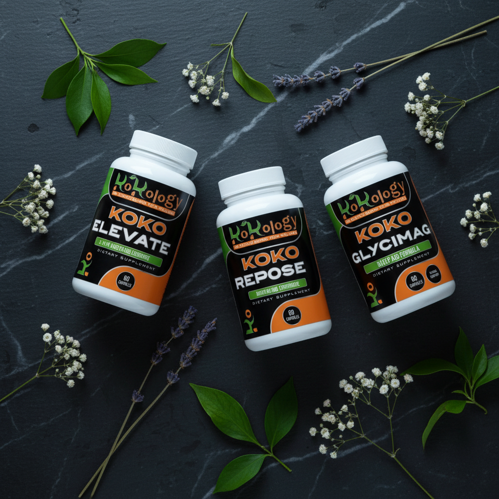 Full Circle Bundle dark editorial flat lay with 3 supplement bottles, lavender and botanicals on dark marble