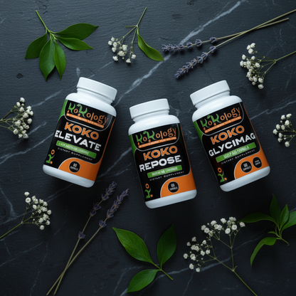 Full Circle Bundle dark editorial flat lay with 3 supplement bottles, lavender and botanicals on dark marble