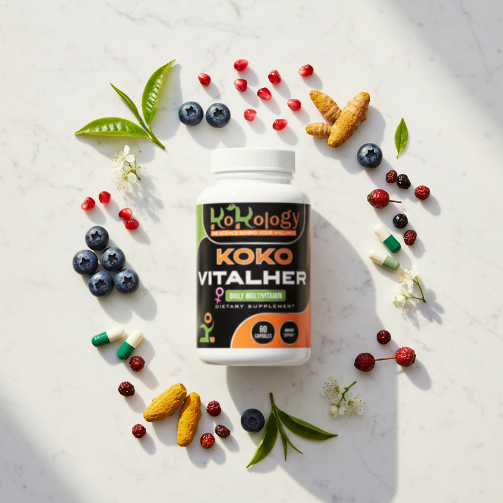 Koko VitalHer bottle flat lay with blueberries, pomegranate seeds, turmeric root, elderberries, rose hip and botanicals on white marble