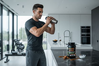 Koko VitalWhey Armour Reserve Caramel Fleur de Sel - athletic man shaking protein post-workout with caramel and salt on dark marble