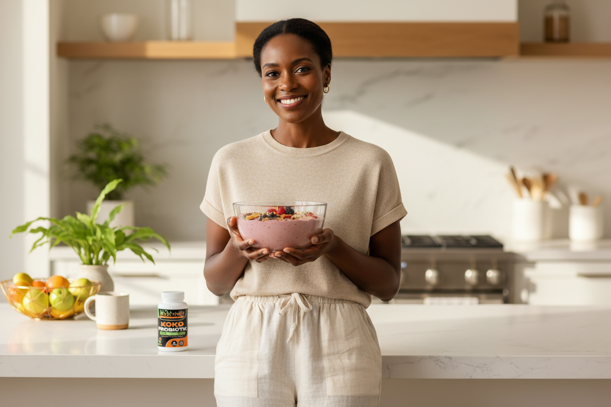 Radiant Black woman in bright kitchen holding yogurt bowl with Koko Probiotik bottle softly blurred on counter