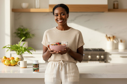 Radiant Black woman in bright kitchen holding yogurt bowl with Koko Probiotik bottle softly blurred on counter