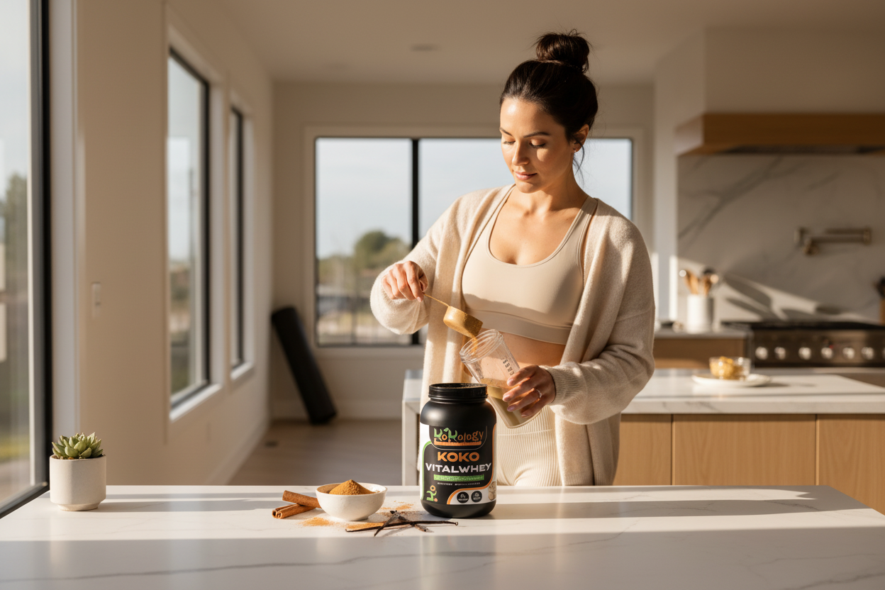 Koko VitalWhey Velvet Reserve Golden Cinnamon Swirl - woman scooping protein with cinnamon and vanilla botanicals