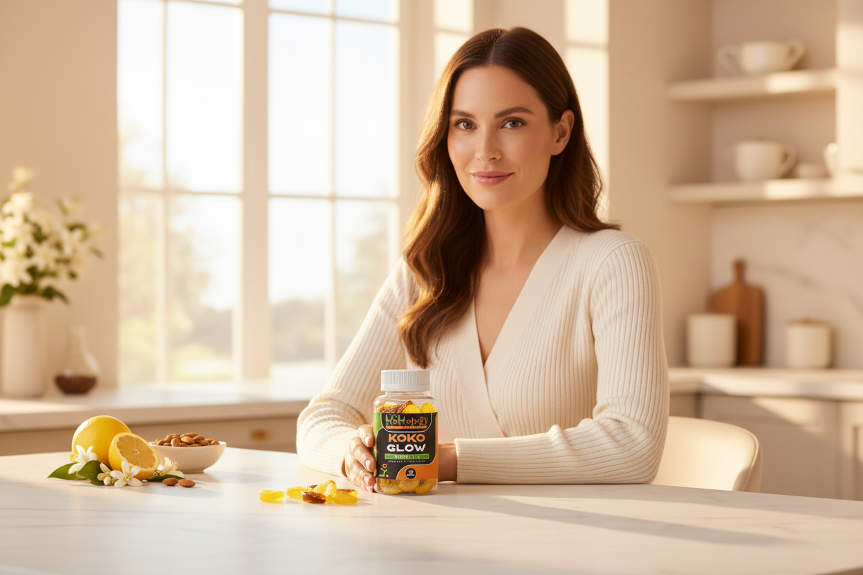 Koko Glow bottle in sharp focus with softly blurred yellow gummies, lemon slices and orange blossoms on marble counter