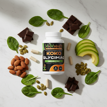 Koko Glycimag bottle flat lay with spinach, pumpkin seeds, dark chocolate, almonds and avocado on white marble with neutral ivory capsules