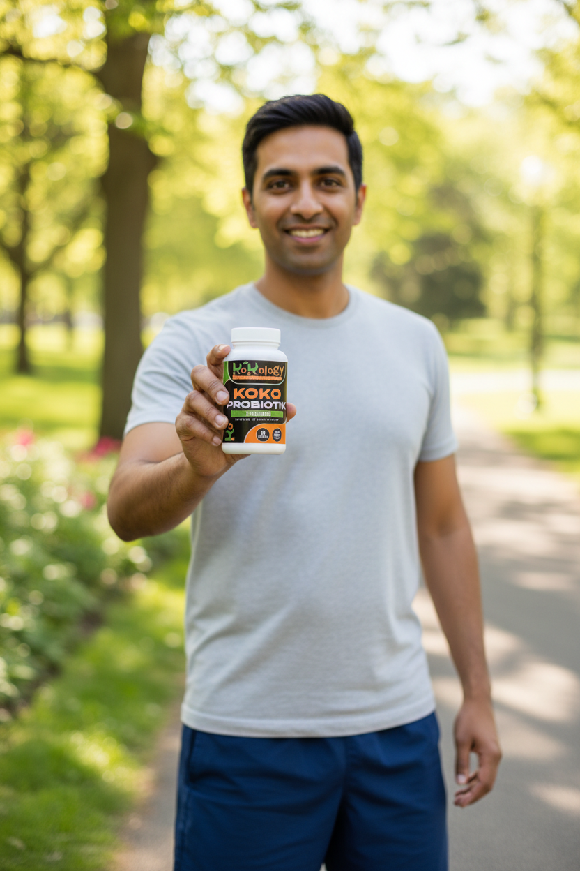 Vibrant East Indian man outdoors in park holding Koko Probiotik bottle naturally in hand at realistic size