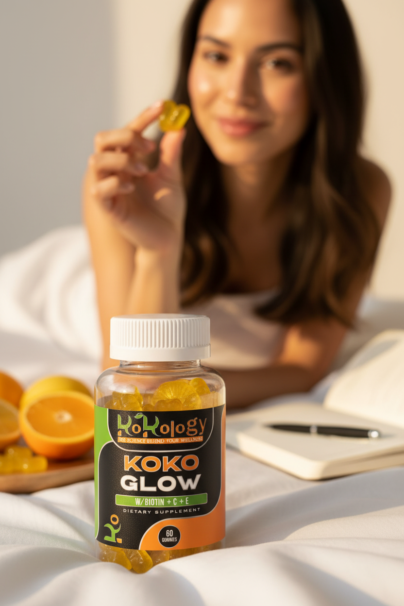 Koko Glow bottle hero in sharp focus with radiant woman and blurred gummies in warm golden wellness morning setting