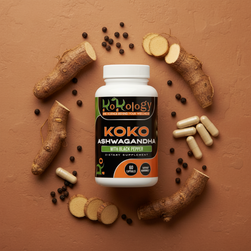 Koko Ashwagandha bottle flat lay with ashwagandha root pieces and black peppercorns on warm earthy terracotta surface with neutral ivory capsules