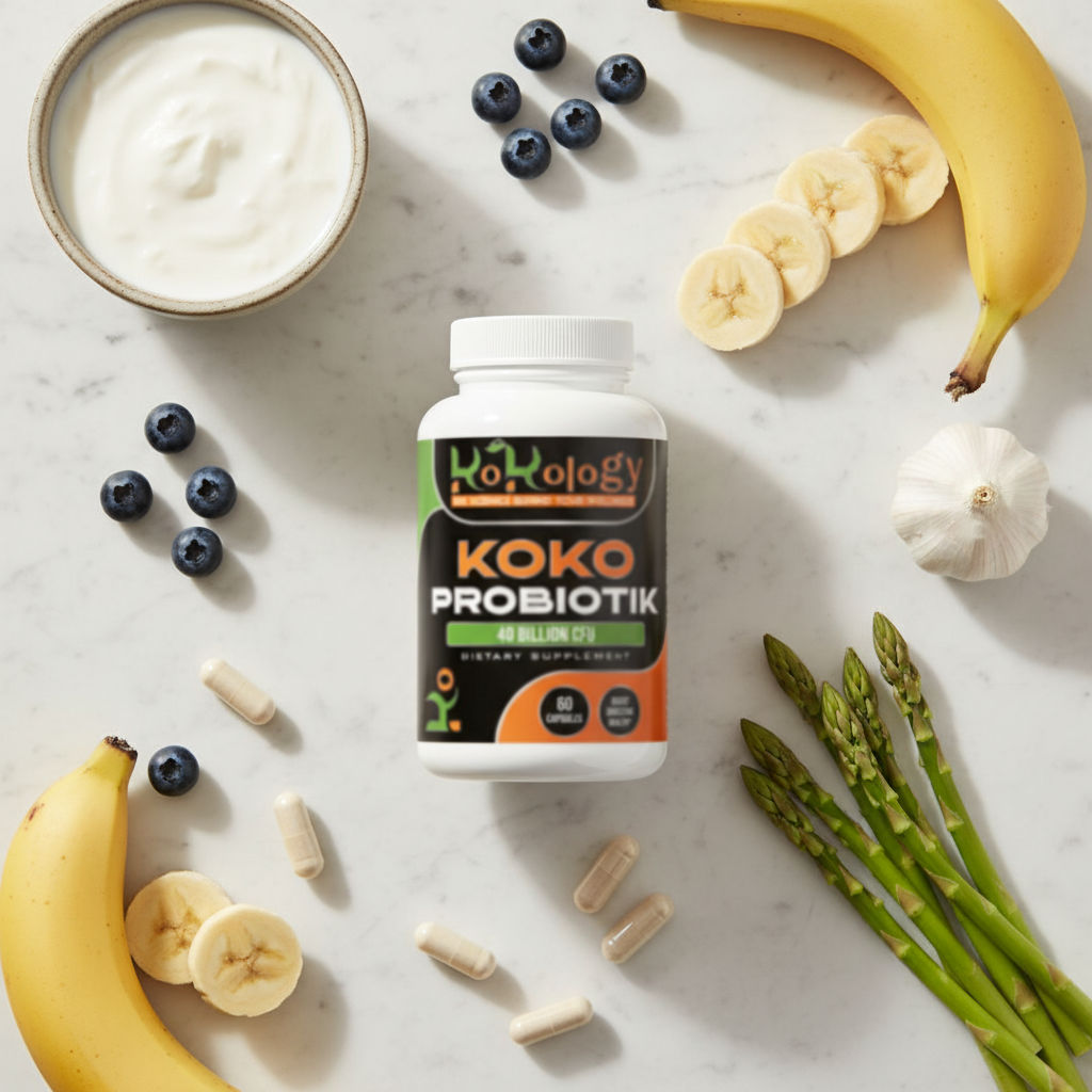 Koko Probiotik bottle flat lay with kefir, blueberries, banana, garlic and asparagus on white marble with neutral ivory capsules