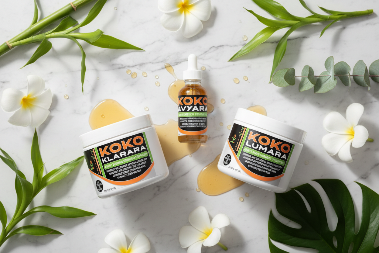 Koko Klarara, Koko Avyara serum and Koko Lumara arranged elegantly on marble with honey, botanicals and white flowers