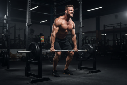 Powerfully built man mid heavy lift in dark dramatic gym with Koko Tora bottle softly blurred on weight rack
