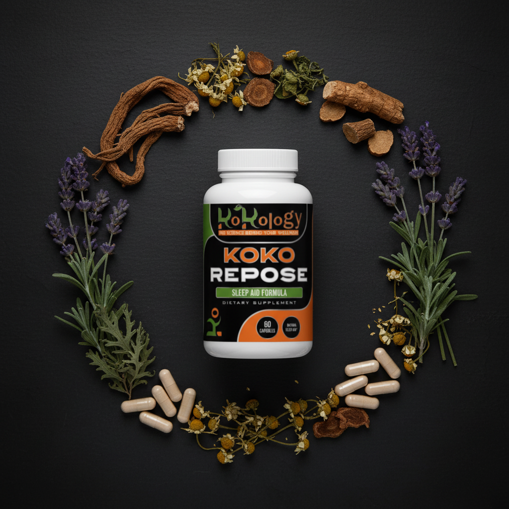 Koko Repose bottle flat lay with valerian root, ashwagandha, lavender, chamomile and passionflower on dark navy surface with neutral ivory capsules