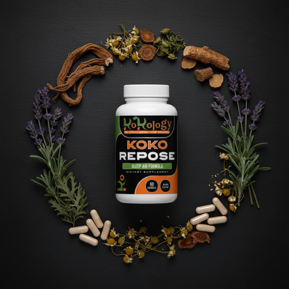 Koko Repose bottle flat lay with valerian root, ashwagandha, lavender, chamomile and passionflower on dark navy surface with neutral ivory capsules