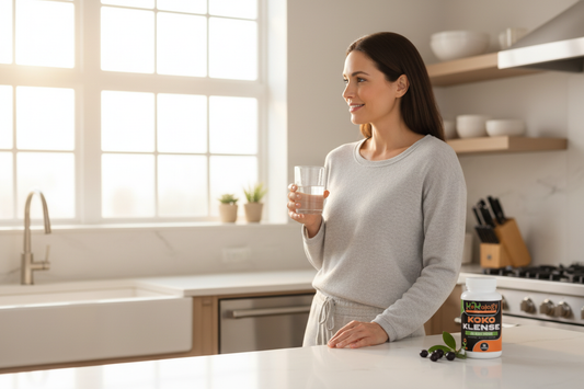 Glowing woman holding glass of water in morning supplement routine with Koko Klense bottle naturally on counter