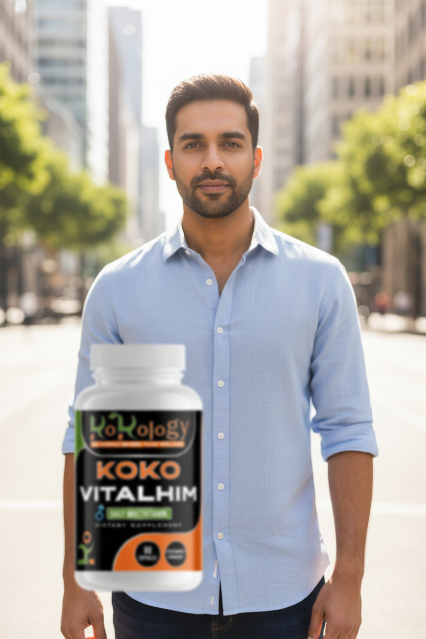 Confident East Indian man outdoors in urban setting with Koko VitalHim bottle sharply visible in foreground