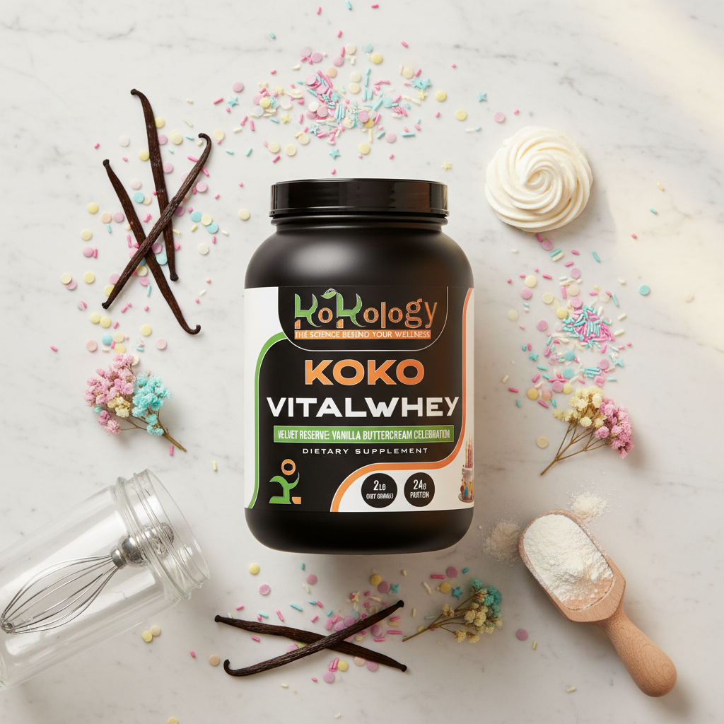 Koko VitalWhey Velvet Reserve Birthday Cake flat lay with protein container, vanilla pods, pastel sprinkles and buttercream on marble