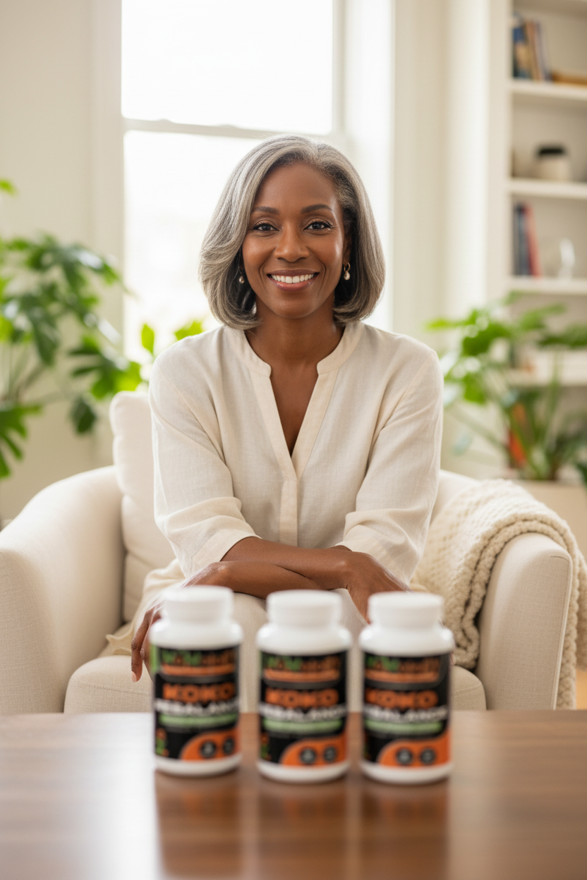 Confident Black woman in her 50s smiling vibrantly with 3 Koko Rebalance bottles softly blurred in foreground