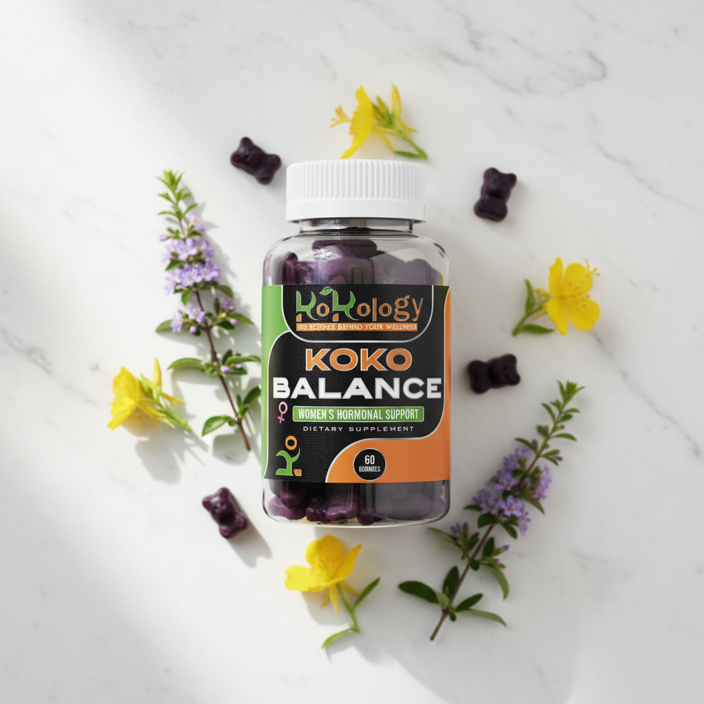 Koko Balance flat lay with bottle as hero in sharp focus, softly blurred dark purple bear gummies and evening primrose on marble