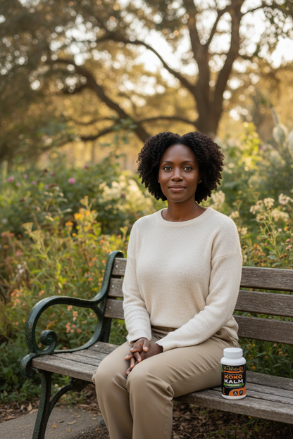 Calm Black woman in peaceful park setting with Koko Kalm bottle naturally sized on bench beside her