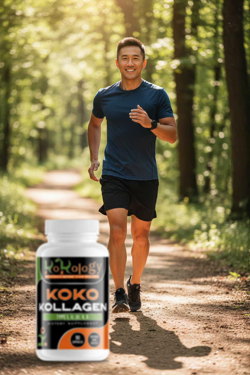 Fit Asian man on running trail with healthy joints and Koko Kollagen bottle sharply visible in foreground