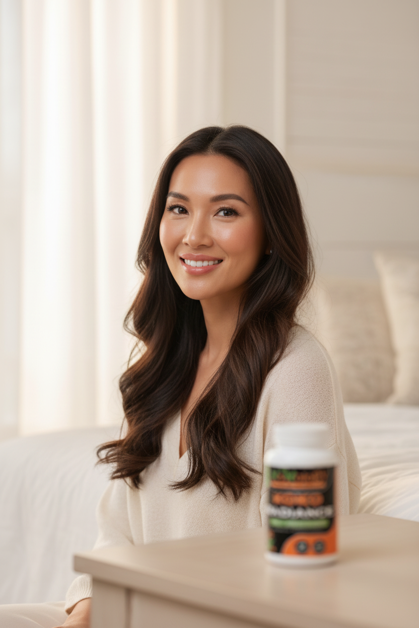 Beautiful Asian woman with glossy hair and glowing skin with Koko Radiance bottle softly blurred in foreground