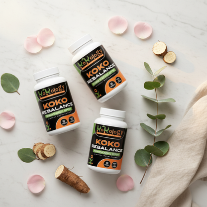 Koko Rebalance 90-day supply flat lay with 3 bottles, pink rose petals, eucalyptus and wild yam root on white marble