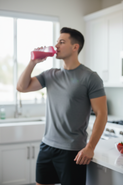Koko BCAA+EAA Strawberry Kandy bottle hero portrait with athletic person drinking pink shake softly blurred in background
