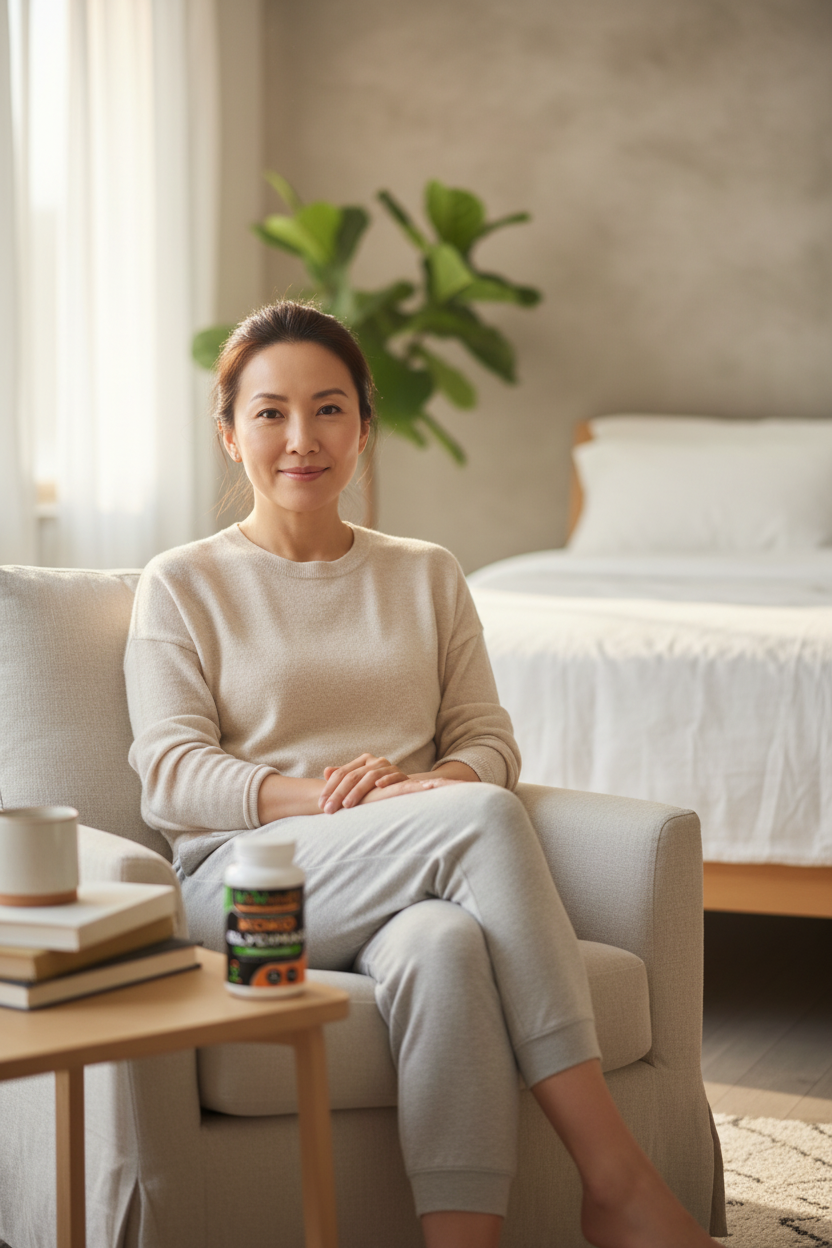 Calm Asian woman in peaceful bright room with Koko Glycimag bottle naturally sized on table beside her
