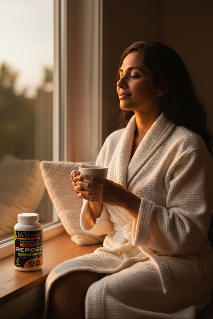 Serene East Indian woman in cozy robe holding herbal tea at dusk with Koko Repose bottle on windowsill nearby
