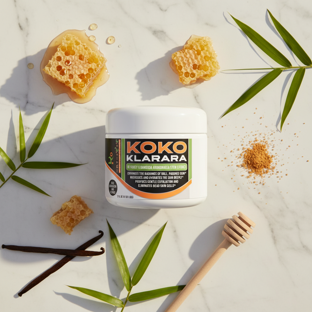 Koko Klarara flat lay with cleanser, honeycomb, bamboo leaves, amber crystals and honey dipper on marble