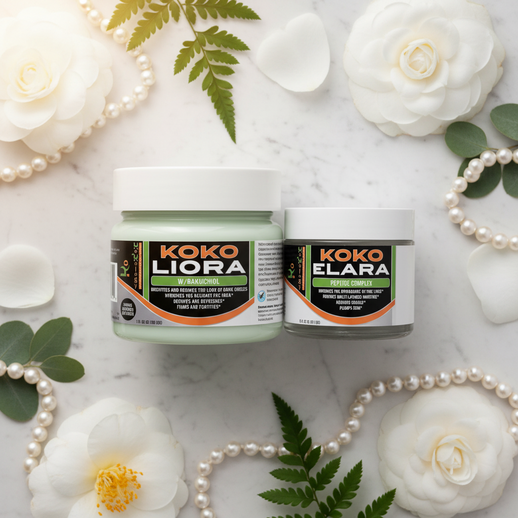 Koko Radiance Duo flat lay square with both jars as hero, white flowers, pearl beads and botanicals on marble
