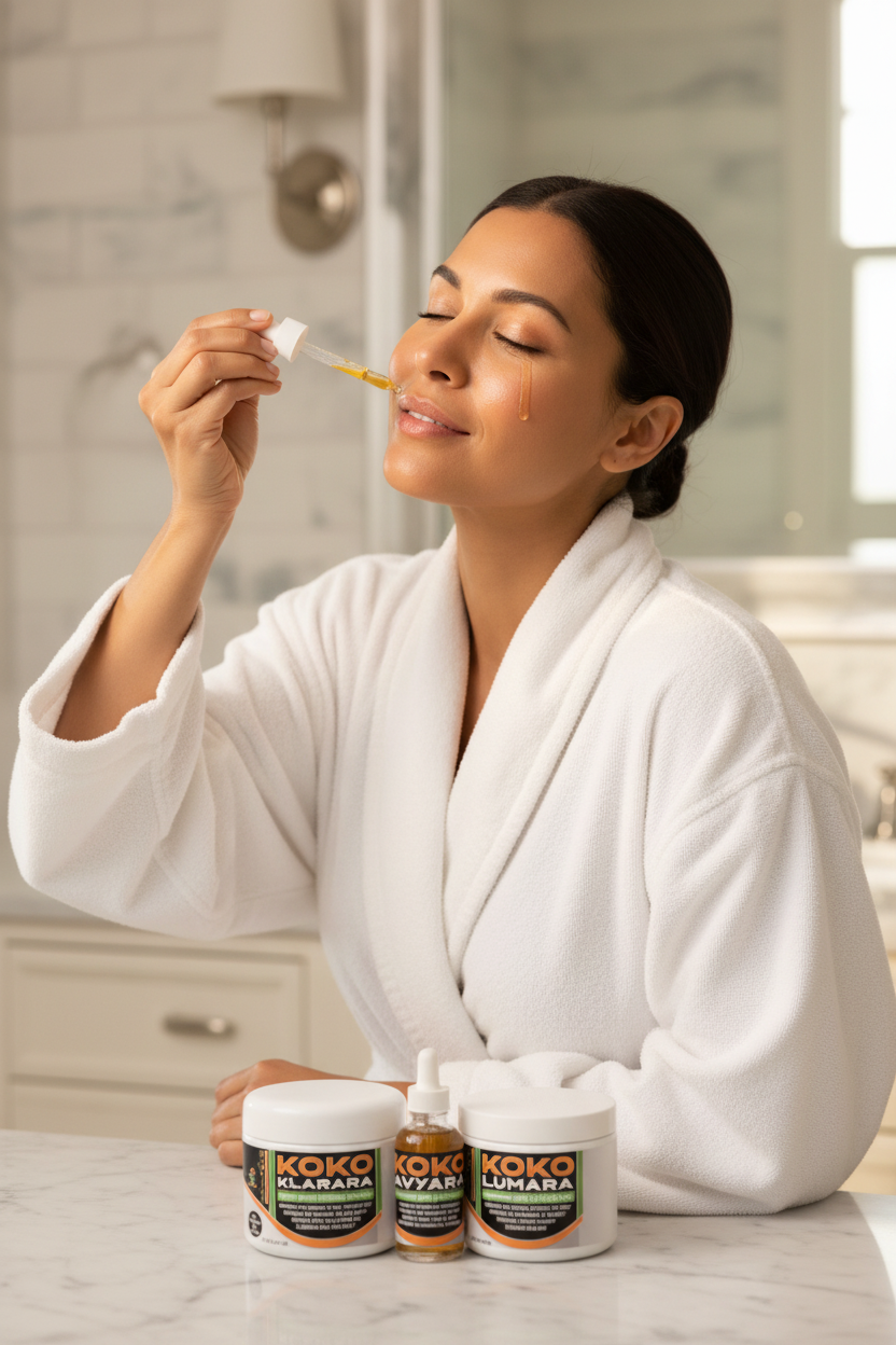Radiant woman applying serum with Koko Radiance Ritual 3-product set on marble vanity in spa bathroom