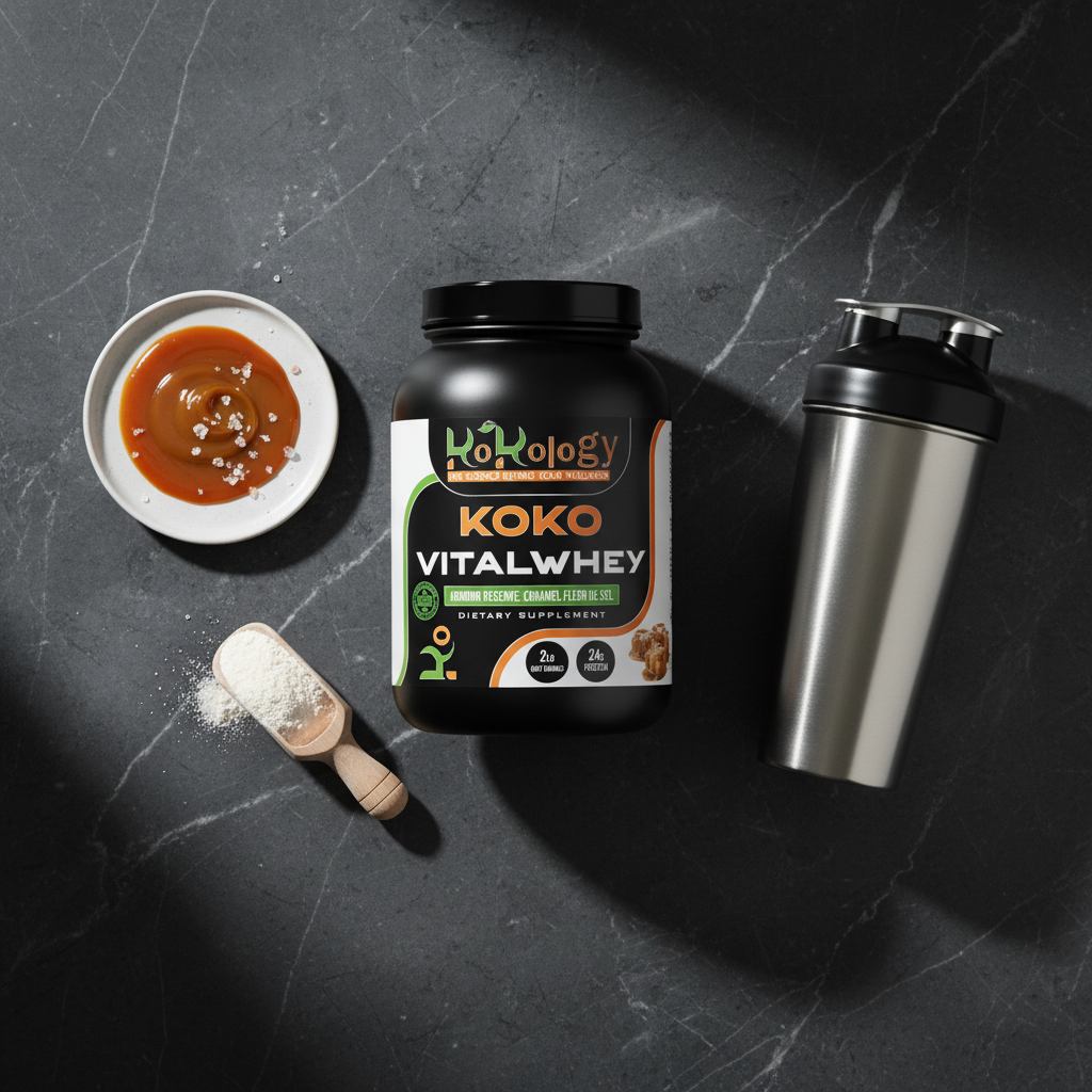Koko VitalWhey Armour Reserve Caramel Fleur de Sel flat lay with caramel drizzle, fleur de sel crystals and steel shaker on dark marble