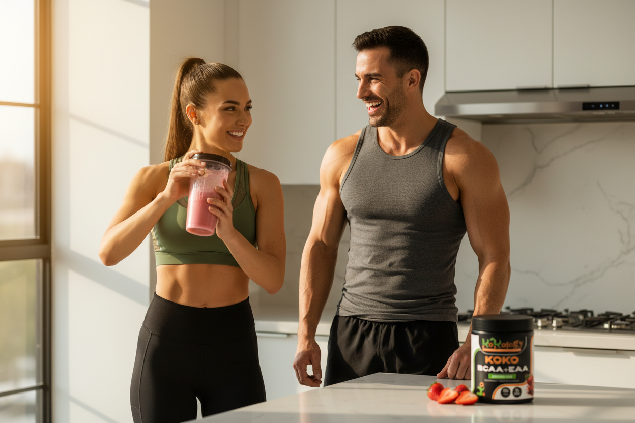 Athletic person mixing pink strawberry shake post-workout with Koko BCAA+EAA tub naturally present in scene