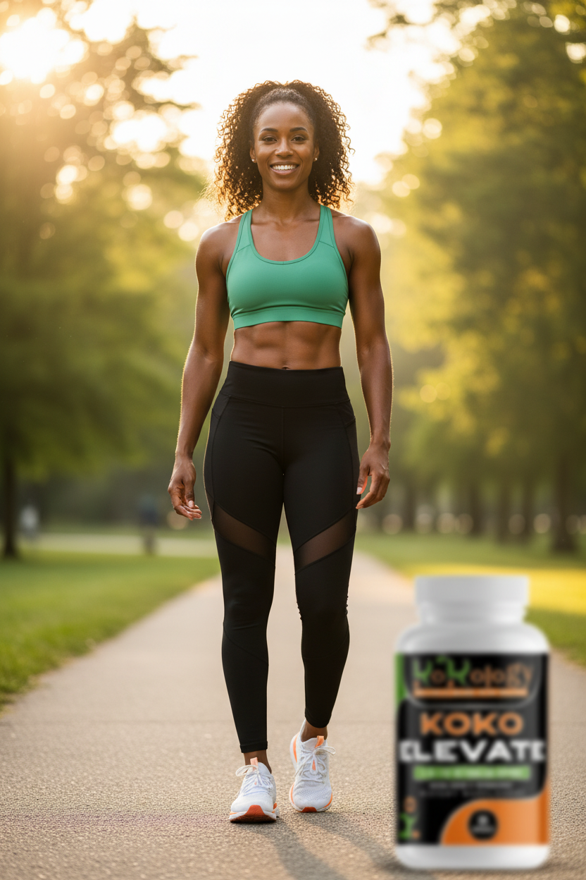 Fit Black woman in activewear outdoors post-run smiling with Koko Elevate supplement bottle softly blurred in foreground